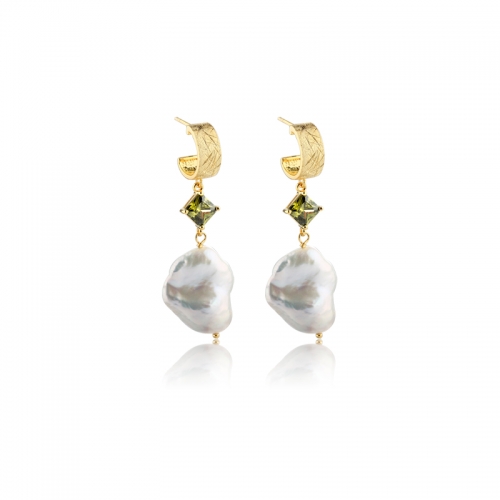 925 Sterling Silver Square CZ and Baroque Pearl Hoop Earrings